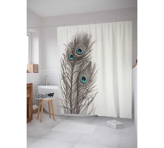 Штора (занавеска) для ванной JoyArty "Три пера павлина" из сатена, 180х200 см с крючками, sc_3785 1
