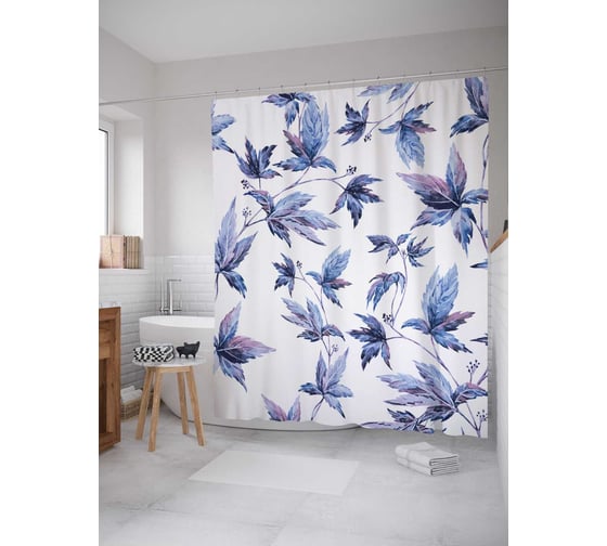 Штора (занавеска) для ванной JoyArty "Синие листья" из сатена, 180х200 см с крючками, sc_35076 1