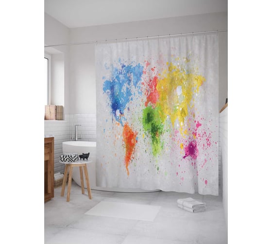 Штора (занавеска) для ванной JoyArty "Всемирные краски" из сатена, 180х200 см с крючками, sc_4605 1