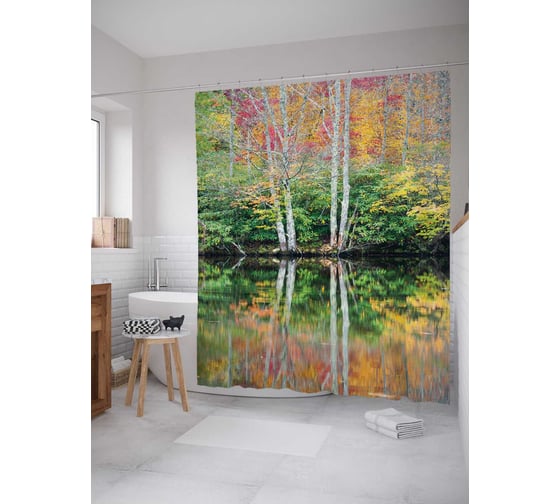 Штора (занавеска) для ванной JoyArty "Березы на реке" из сатена, 180х200 см с крючками, sc_4492 1
