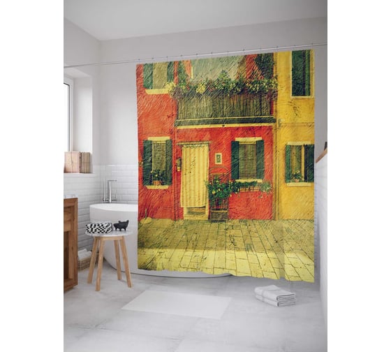 Штора (занавеска) для ванной JoyArty "Вид на старый дом" из сатена, 180х200 см с крючками, sc_776 1