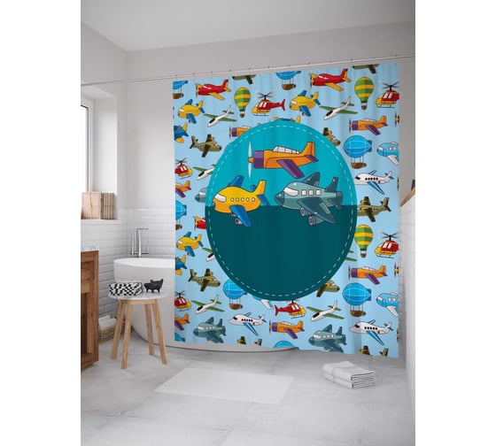 Штора (занавеска) для ванной JoyArty "Воздушный транспорт" из сатена, 180х200 см с крючками, sc_50794 1