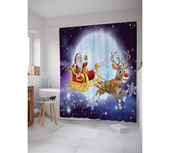 Штора (занавеска) для ванной JoyArty "Санта и веселый олень" из сатена, 180х200 см с крючками, sc_6767 1