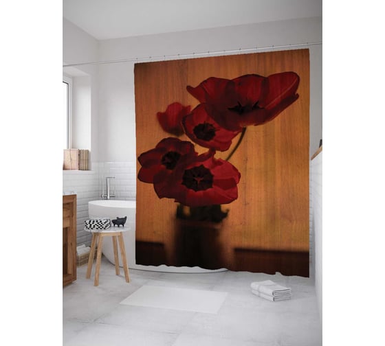 Штора (занавеска) для ванной JoyArty "Домашний мак" из сатена, 180х200 см с крючками, sc_4499 1