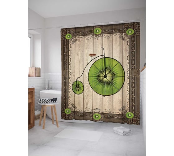 Штора (занавеска) для ванной JoyArty "Велосипед-киви" из сатена, 180х200 см с крючками, sc_7471 1