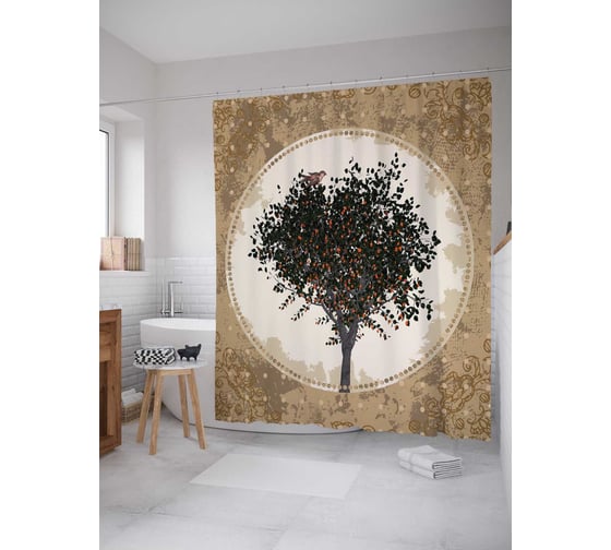 Штора (занавеска) для ванной JoyArty "Дерево солнца" из сатена, 180х200 см с крючками, sc_7154 1