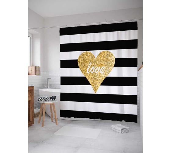 Штора (занавеска) для ванной JoyArty "Сердце и полоски" из сатена, 180х200 см с крючками, sc_4585 1