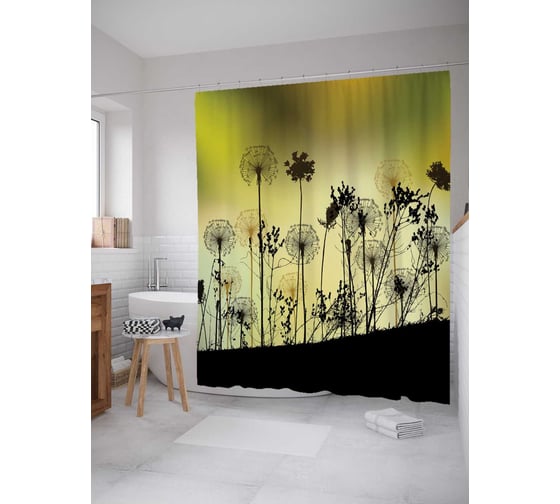 Штора (занавеска) для ванной JoyArty "Поле одуванчиков" из сатена, 180х200 см с крючками, sc_4394 1