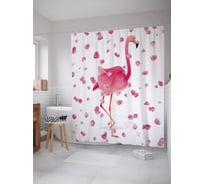 Штора (занавеска) для ванной JoyArty "Лепестки над фламинго" из сатена, 180х200 см с крючками, sc_7421