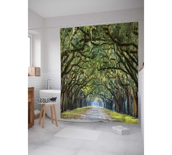Штора (занавеска) для ванной JoyArty "Зеленая аллея" из сатена, 180х200 см с крючками, sc_7375 1