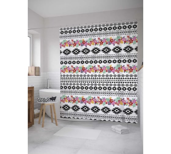 Штора (занавеска) для ванной JoyArty "Цветы с ограждением" из сатена, 180х200 см с крючками, sc_8365 1