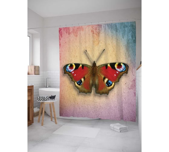 Штора (занавеска) для ванной JoyArty "Наблюдательная бабочка" из сатена, 180х200 см с крючками, sc_4487 1