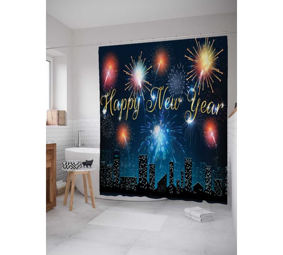 Штора (занавеска) для ванной JoyArty "Новогодний салют над городом" из сатена, 180х200 см с крючками, sc_6929 1