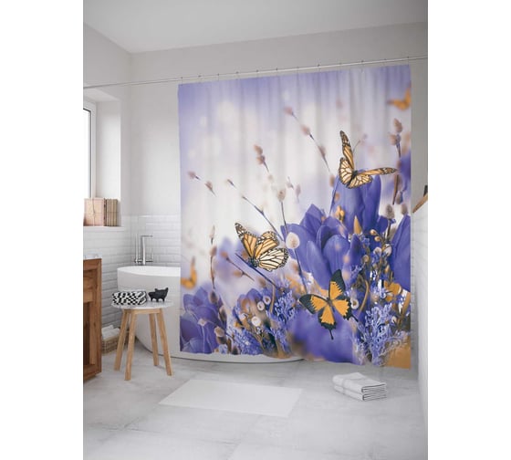 Штора (занавеска) для ванной JoyArty "Райские бабочки" из сатена, 180х200 см с крючками, sc_4877 1