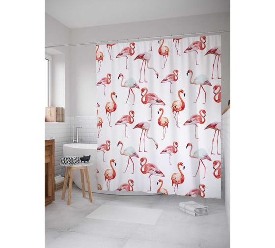 Штора (занавеска) для ванной JoyArty "Будни фламинго" из сатена, 180х200 см с крючками, sc_5105 1