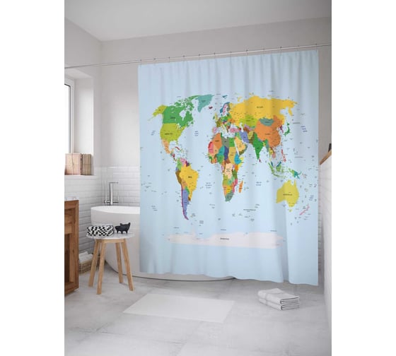 Штора (занавеска) для ванной JoyArty "Цветные континенты" из сатена, 180х200 см с крючками, sc_6999 1