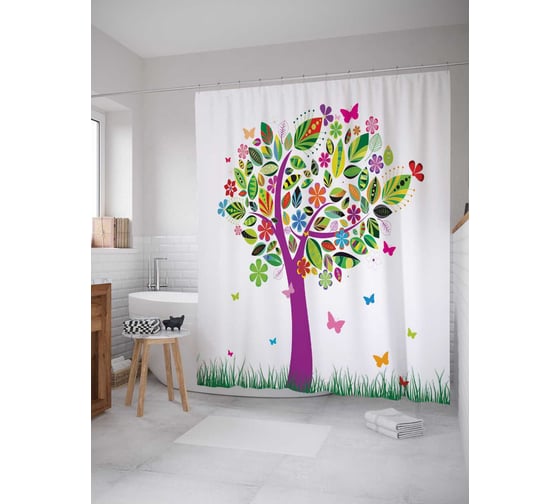 Штора (занавеска) для ванной JoyArty "Сказочное дерево и бабочки" из сатена, 180х200 см с крючками, sc_4910 1