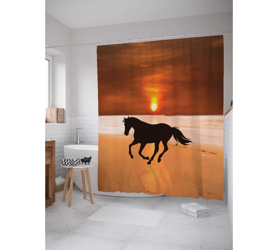 Штора (занавеска) для ванной JoyArty "Конь на пляже" из сатена, 180х200 см с крючками, sc_7139 1