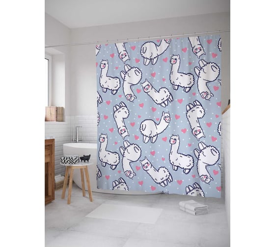 Штора (занавеска) для ванной JoyArty "Милые альпаки" из сатена, 180х200 см sc_378862 1