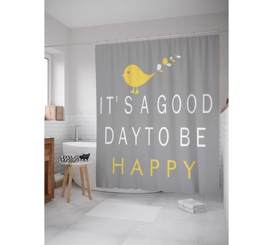 Штора (занавеска) для ванной JoyArty "Надпись "Быть счастливым" и птичка" из сатена, 180х200 см с крючками, sc_4674 1