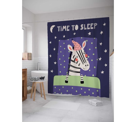 Штора (занавеска) для ванной JoyArty "Спящая зебра" из сатена, 180х200 см с крючками, sc_77321