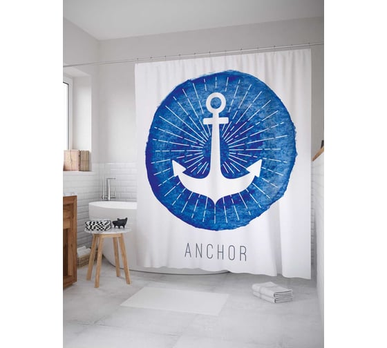 Штора (занавеска) для ванной JoyArty "Полосатый якорь" из сатена, 180х200 см с крючками, sc_4719 1
