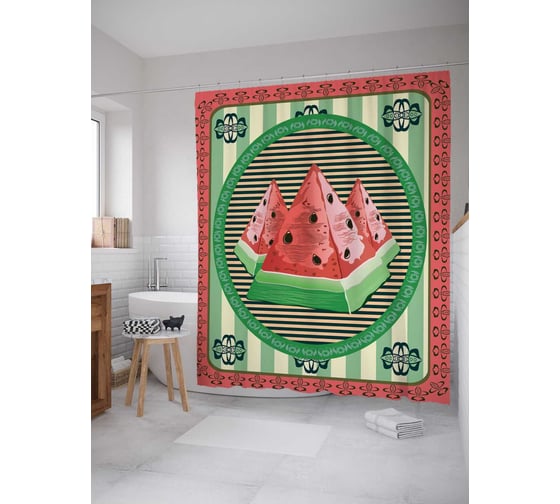 Штора (занавеска) для ванной JoyArty "Арбузные пирамиды" из сатена, 180х200 см с крючками, sc_7468 1