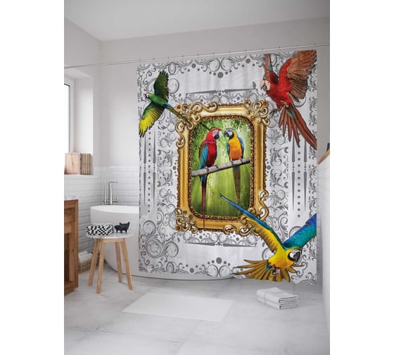 Штора (занавеска) для ванной JoyArty "Картина попугаев" из сатена, 180х200 см с крючками, sc_7628 1