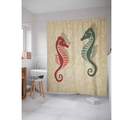 Штора (занавеска) для ванной JoyArty "Дружба морских коней" из сатена, 180х200 см с крючками, sc_5940 1
