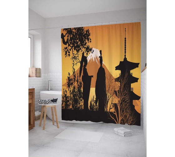 Штора (занавеска) для ванной JoyArty "Храм у подножья горы" из сатена, 180х200 см с крючками, sc_7250 1