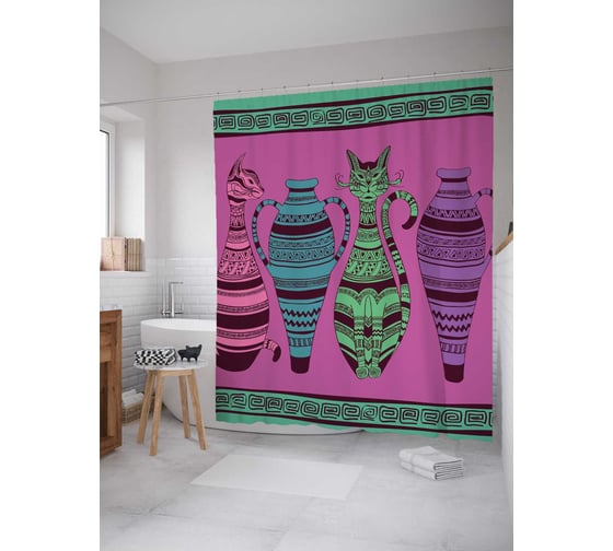 Штора (занавеска) для ванной JoyArty "Коты и вазы" из сатена, 180х200 см с крючками, sc_4898 1