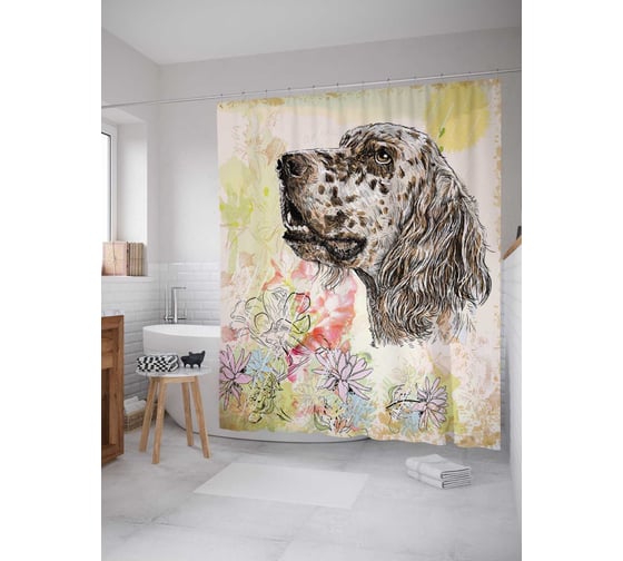 Штора (занавеска) для ванной JoyArty "Пес любитель цветов" из сатена, 180х200 см с крючками, sc_7437 1