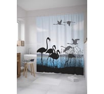 Штора (занавеска) для ванной JoyArty "Полет фламинго" из сатена, 180х200 см с крючками, sc_9038