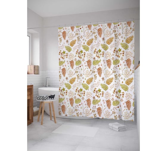 Штора (занавеска) для ванной JoyArty "Листья на белом фоне" из сатена, 180х200 см с крючками, sc_78034 1
