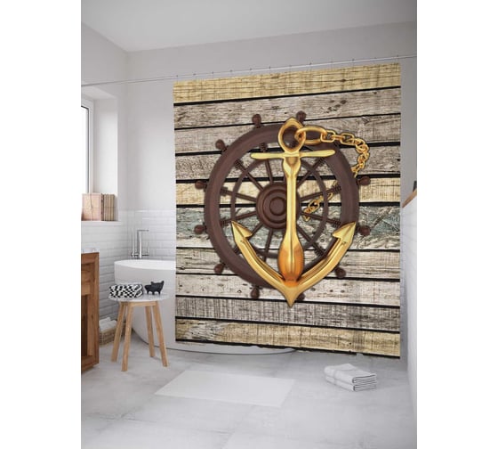Штора (занавеска) для ванной JoyArty "Якорь и штурвал" из сатена, 180х200 см с крючками, sc_4903 1
