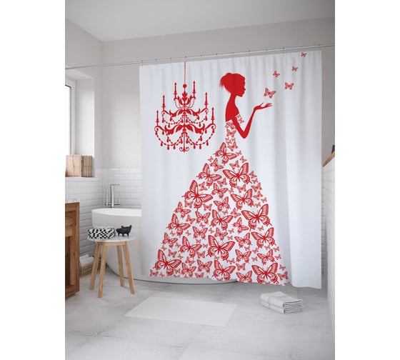 Штора (занавеска) для ванной JoyArty "Платье с красными бабочками" из сатена, 180х200 см с крючками, sc_8286 1