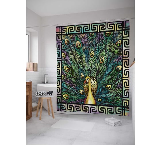 Штора (занавеска) для ванной JoyArty "Зеленая жар-птица" из сатена, 180х200 см с крючками, sc_78046 1