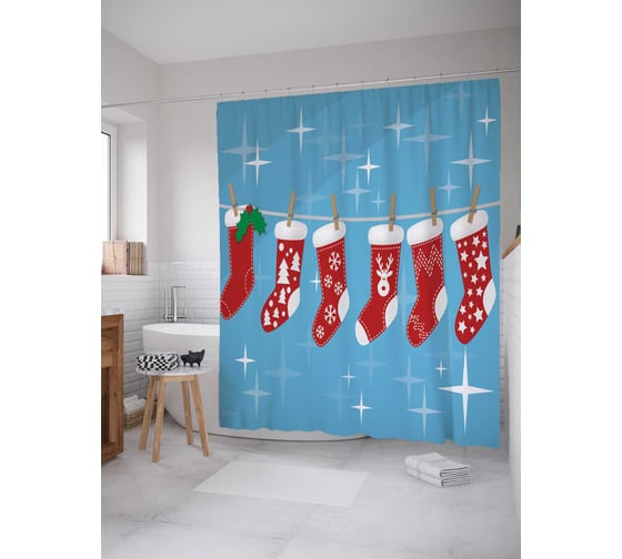 Штора (занавеска) для ванной JoyArty "Рождественские носки" из сатена, 180х200 см с крючками, sc_5925 1