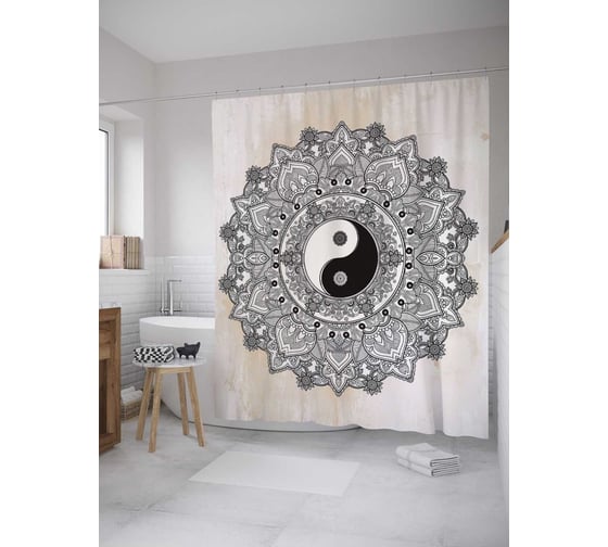 Штора (занавеска) для ванной JoyArty "Инь Ян и орнаменты" из сатена, 180х200 см с крючками, sc_8642 1
