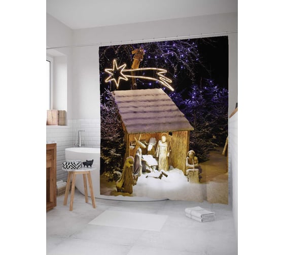 Штора (занавеска) для ванной JoyArty "Соломенный вертеп" из сатена, 180х200 см с крючками, sc_79780 1