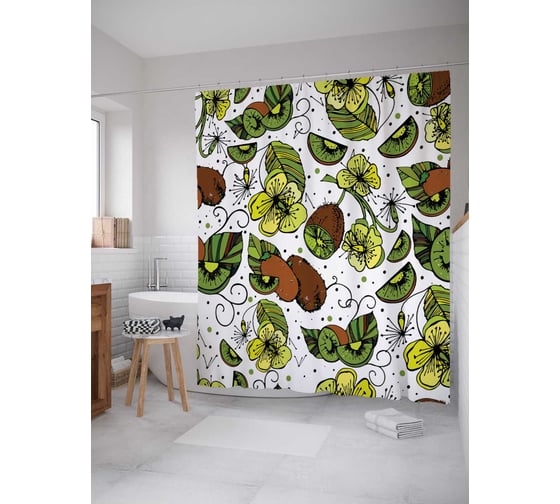 Штора (занавеска) для ванной JoyArty "Цветущий киви" из сатена, 180х200 см с крючками, sc_7447 1