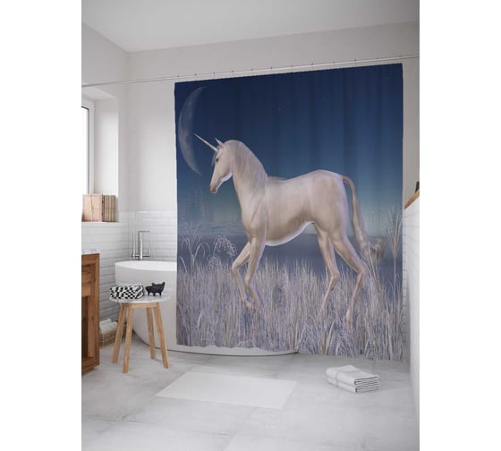 Штора (занавеска) для ванной JoyArty "Лунный единорог" из сатена, 180х200 см с крючками, sc_5137