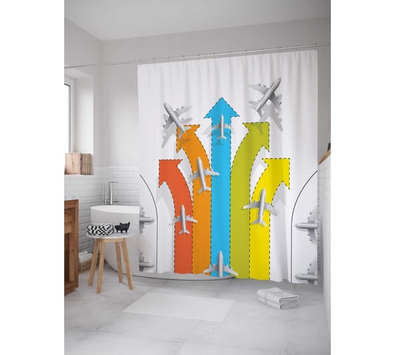 Штора (занавеска) для ванной JoyArty "Самолетные направления" из сатена, 180х200 см с крючками, sc_5613 1