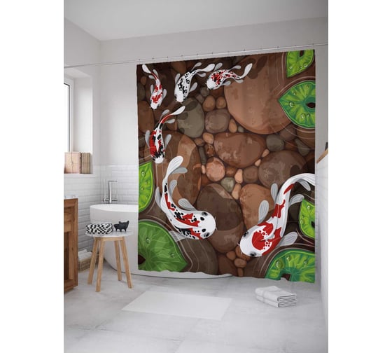 Штора (занавеска) для ванной JoyArty "Стайка кои" из сатена, 180х200 см с крючками, sc_38752 1