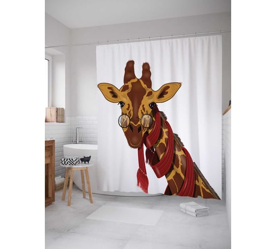 Штора (занавеска) для ванной JoyArty "Любопытство жирафа" из сатена, 180х200 см с крючками, sc_9554 1