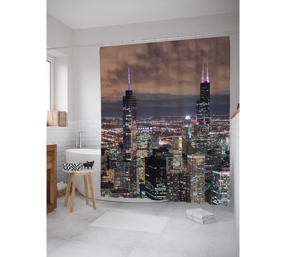 Штора (занавеска) для ванной JoyArty "Высота города" из сатена, 180х200 см с крючками, sc_949