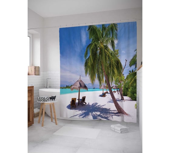 Штора (занавеска) для ванной JoyArty "Пальмовые тени" из сатена, 180х200 см с крючками, sc_9370 1