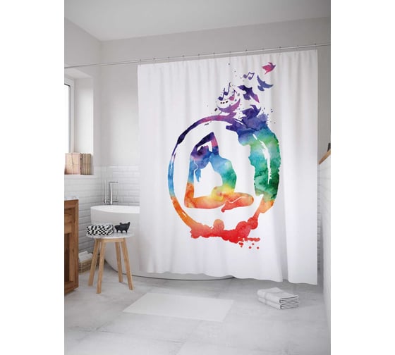 Штора (занавеска) для ванной JoyArty "Радужная йога" из сатена, 180х200 см с крючками, sc_37569 1