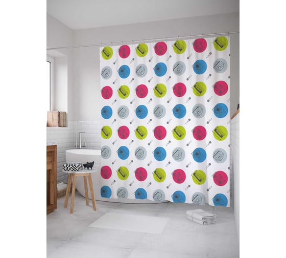 Штора (занавеска) для ванной JoyArty "Мир кассет" из сатена, 180х200 см с крючками, sc_9772