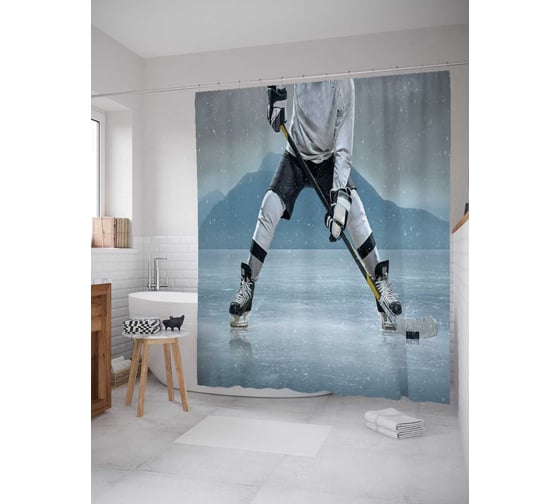 Штора (занавеска) для ванной JoyArty "Хокеист на озере" из сатена, 180х200 см с крючками, sc_7269